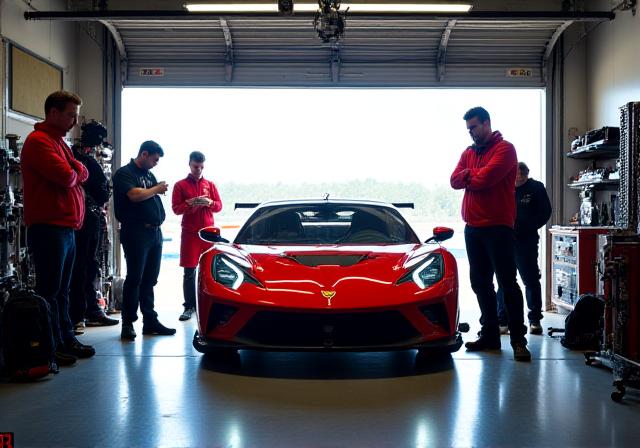 Auto sportiva ai box di un circuito, pronta per una sessione di pista, con tecnici che eseguono gli ultimi controlli